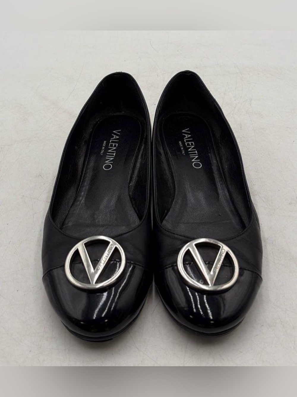 Valentino Black Leather Logo Round-Toe Ballet Flats
